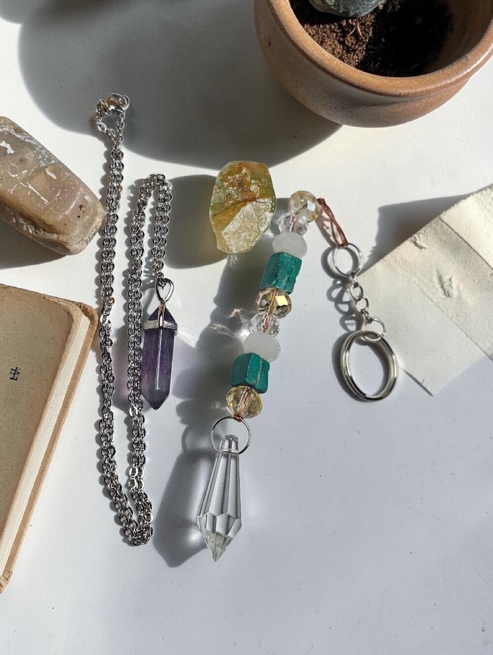 Mixed Crystal Pendant Necklace and Keychain Set in Green and Aqua